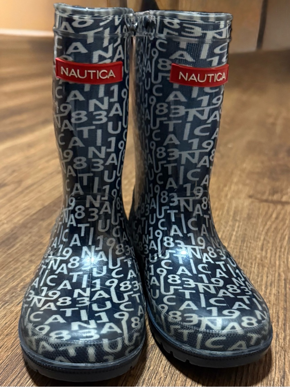 Nautica Kids Navy and White Logo Pattern Rain Boots